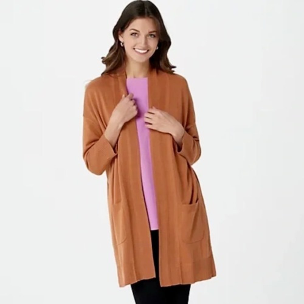 Isaac Mizrahi Live! Dropped Shoulder Open- Front Sweater Cardigan, Canyon Clay M